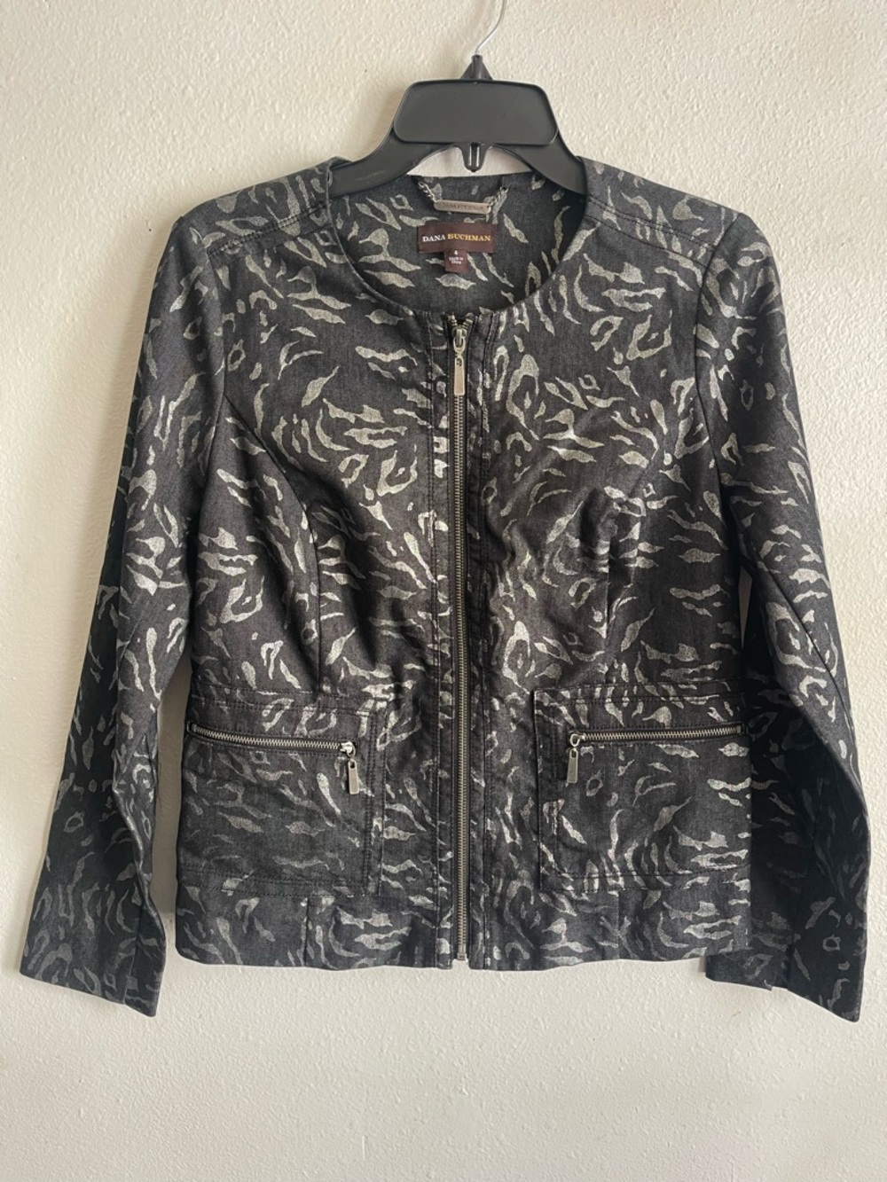 Dana Buchman Black and Gray Zip-Front Printed Jacket